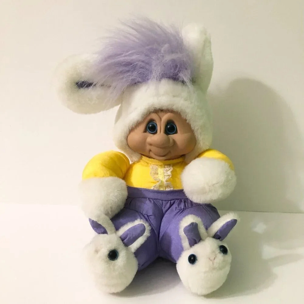 Vintage 1992 Troll Doll Nylon Plush Easter Bunny Stuffed Animal Plastic Face